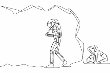 Single one line drawing astronaut give up before reach diamonds. Stop digging with pickaxe, not knowing diamond almost revealed. Cosmic galaxy space. Continuous line graphic design vector illustration