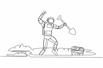 Fototapeta na wymiar Single one line drawing young astronaut standing and holding shovel on dug ground. Happy spaceman find treasure chest in dirt. Cosmic galaxy space. Continuous line graphic design vector illustration