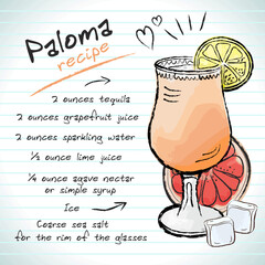 Paloma cocktail, vector sketch hand drawn illustration, fresh summer alcoholic drink with recipe and fruits	