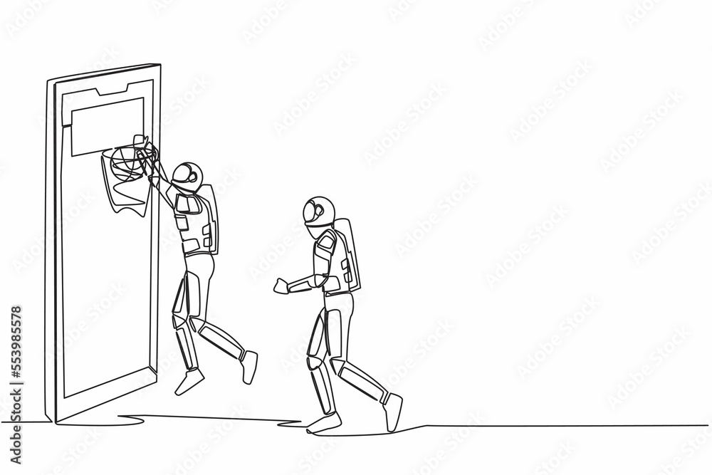 Poster single one line drawing two basketball players astronaut in action during game out of smartphone scr
