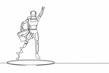 Single one line drawing flying astronaut with briefcase coming out of holes. Spaceman lead financial rising. Space business growth. Cosmic galaxy space. Continuous line draw design vector illustration