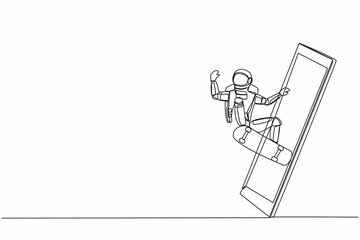 Single one line drawing of skateboarder astronaut riding skateboard and doing jump trick getting out of smartphone screen. Cosmic galaxy space. Continuous line draw graphic design vector illustration