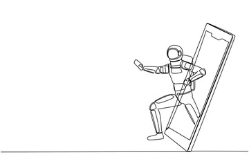 Single one line drawing astronaut karateka stance and getting out of smartphone screen. Mobile sports play matches. Duel martial art online game. Continuous line draw design vector illustration