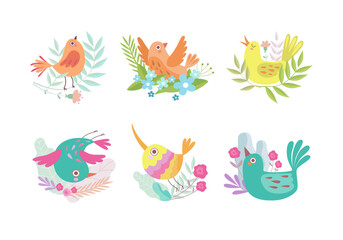 Cute Birdie Sitting in Nest of Floral Twigs Vector Set