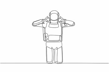 Continuous one line drawing young astronaut standing with two thumbs up gesture. Deal, like, agree, approve, accept. Cosmonaut outer space concept. Single line draw graphic design vector illustration
