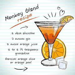 Monkey Gland cocktail, vector sketch hand drawn illustration, fresh summer alcoholic drink with recipe and fruits	