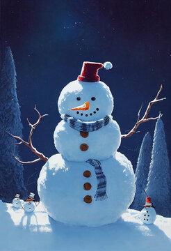 Cute snowman. winter landscape. Snowy landscape. Winter night time. Christmas season. Buttons, carrot, scarf and decorations. Dry branches. Frozen landscape forest with falling snowflakes.