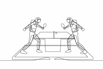 Single continuous line of drawing table tennis court with two astronaut players on smartphone screen. Professional sports competition. Cosmonaut deep space. One line graphic design vector illustration