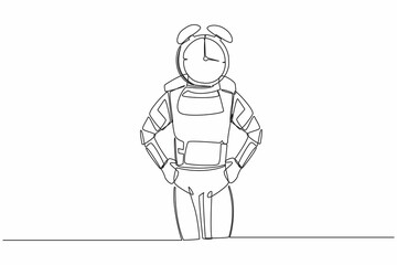 Continuous one line drawing of young astronaut with alarm clock instead of head. Spaceman stress in spaceship exploration project. Cosmonaut outer space. Single line graphic design vector illustration