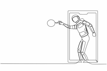 Single one line drawing young astronaut basketball player shooting ball out of smartphone screen. Online basketball games. Cosmic galaxy space. Continuous line draw graphic design vector illustration