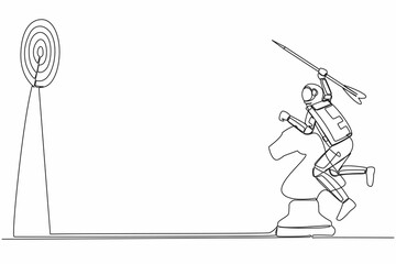 Single one line drawing of young astronaut holding huge dart and targeting dartboard while riding chess horse knight piece. Cosmic galaxy space. Continuous line draw graphic design vector illustration