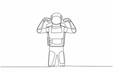 Single continuous line drawing astronaut standing with gestures two hand fist up. Strong spaceman exploration galaxy with spaceship. Cosmonaut deep space. One line graphic design vector illustration