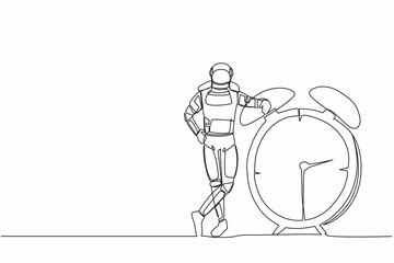 Fototapeta na wymiar Single one line drawing young astronaut lean on big alarm clock in moon surface. Time management in space industry. Cosmic galaxy space concept. Continuous line draw graphic design vector illustration