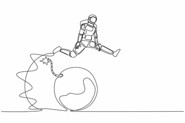 Continuous one line drawing astronaut jumping over bomb. Explosion of the economic crisis caused decrease space company development. Cosmonaut outer space. Single line draw design vector illustration