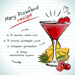 Mary Pickford cocktail, vector sketch hand drawn illustration, fresh summer alcoholic drink with recipe and fruits	