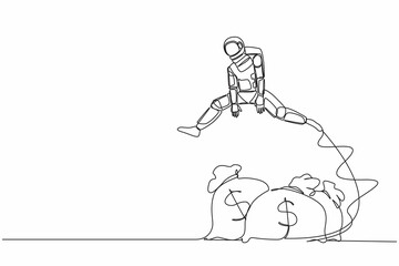Continuous one line drawing astronaut jumping over money bag. Loan capital funding for space company, money help in crisis. Cosmonaut outer space. Single line draw graphic design vector illustration