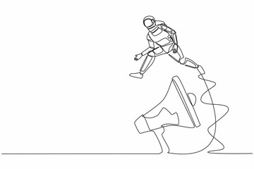 Continuous one line drawing young astronaut jumping over big megaphone. Loudspeaker technology. Announcement in space office control. Cosmonaut outer space. Single line draw design vector illustration