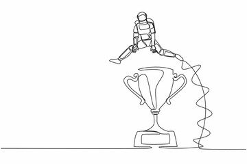 Continuous one line drawing young astronaut jumping over big trophy. Challenge or succeed in spaceship business competition. Cosmonaut outer space. Single line draw graphic design vector illustration