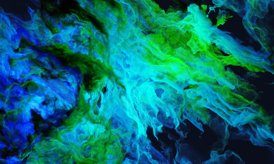 Fototapeta na wymiar 3d colored smoke puffs. three dimensions blue and green background illustration