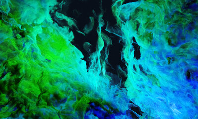 3d colored smoke puffs. three dimensions blue and green background illustration