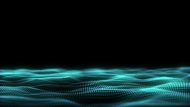 Abstract technology wave of particles. Big data visualization. Dark background with motion dots. Artificial intelligence. 3d rendering.