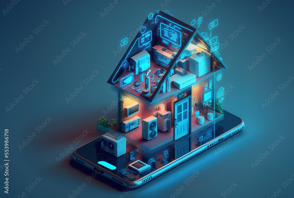 Poster smartphone screen with smart home technologies on a blue backdrop. internet of things isometric conc