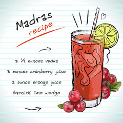 Madras cocktail, vector sketch hand drawn illustration, fresh summer alcoholic drink with recipe and fruits	