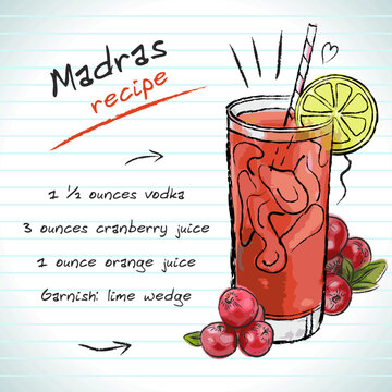 Madras Cocktail, Vector Sketch Hand Drawn Illustration, Fresh Summer Alcoholic Drink With Recipe And Fruits	