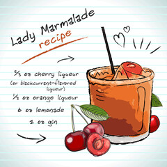 Lady Marmalade cocktail, vector sketch hand drawn illustration, fresh summer alcoholic drink with recipe and fruits	