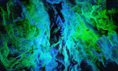 Fototapeta na wymiar 3d colored smoke puffs. three dimensions blue and green background illustration