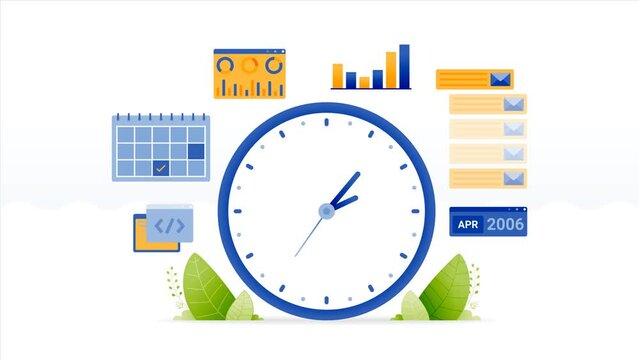 2d motion loop animation video of multi tasking jobs with hours and statistics. set agenda and work schedule by checking date and email. can be for advertisements, apps and websites