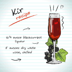 Kir cocktail, vector sketch hand drawn illustration, fresh summer alcoholic drink with recipe and fruits	