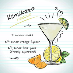 Kamikaze cocktail, vector sketch hand drawn illustration, fresh summer alcoholic drink with recipe and fruits	
