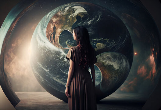 Woman Universe. Whole World Within You. Head-globe.