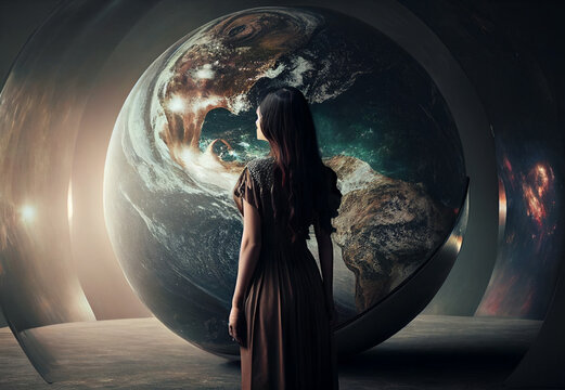 Woman Universe. Whole World Within You. Head-globe.