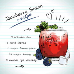 Jackberry smash cocktail, vector sketch hand drawn illustration, fresh summer alcoholic drink with recipe and fruits	