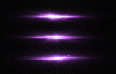 Luminous abstract sparkling lines. Set of purple horizontal lens flares, laser beams. Purple glowing star light explodes.