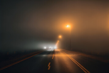 View of a deserted roadway in a foggy, wet, foggy, and misty night during the chilly spring and fall seasons. Seasonal severe weather accident risk alert vehicle fog light. Generative AI