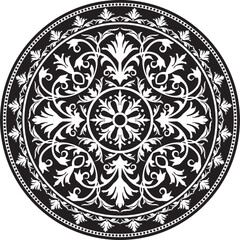 Vector round monochrome floral european national pattern. Ethnic circle ornament of Ancient Greece, Roman Empire