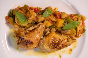 Recipe for grilled basquaise chicken with vegetables in ratatouille. High quality photo