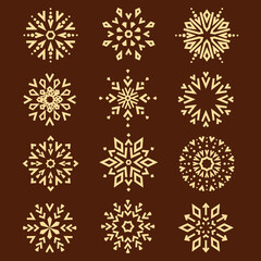 Snowflakes icon collection. Graphic modern gold and brown ornament