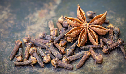 Christmas decoration aromatic spices, cloves and star anise in the kitchen, holiday cooking banner