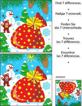 Differences game with  Santa's sack, snowman and teddy bear. Answer included.
