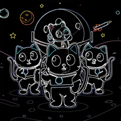 Fototapeta premium happy cats wearing astronaut costumes on the moon watercolor. Made with artificial intelligence