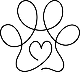Dog or cat paw footprint and heart in continuous one line drawing logo. Minimal line art. Animal in heart. Pets love concept monoline