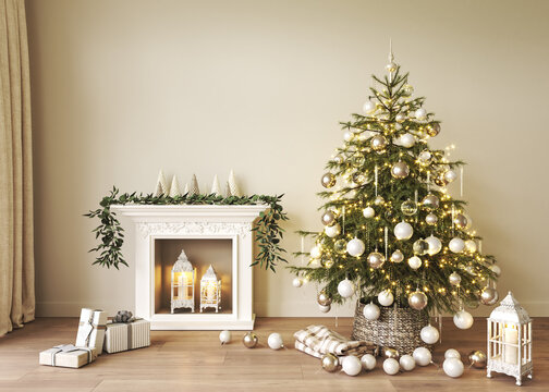 Decorated Christmas tree with gifts by the fireplace in the scandinavian living room. Mock up empty wall. High quality 3d rendering illustration.
