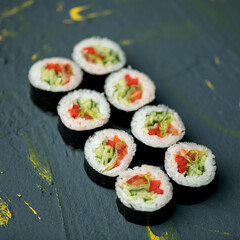 Sushi rolls maki with with fresh vegetables. Vegetarian rolls with colored filling. Healthy diet. Low calorie meal. Fitness menu. Japanese kitchen. Soft focus. Copy space. Dark background. 