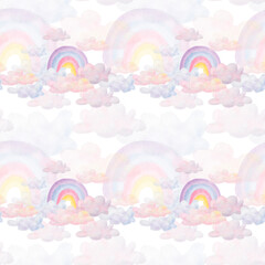 Watercolor seamless pattern. Hand painted illustration of rainbows in purple, blue, pink, yellow colors. Sky with clouds. Weather elements. Print on white background for fabric textile, packaging
