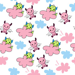 Fototapeta premium Cute cartoon funny dragons and cloud seamless pattern. Vector illustration print for children t-shirt