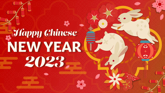 2023 Chinese New Year Background. Banner Chinese New Year 2023 Rabbit Red Theme Background